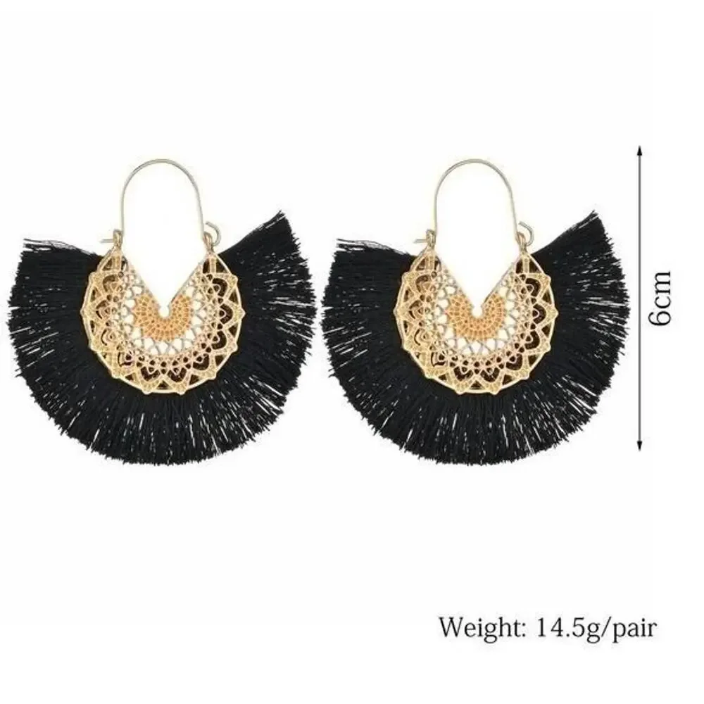 Cream/Gold Retro Silk Thread Tassel Dangling Earrings J15‎ Fringe Casual
